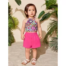 Conjunto Infantil Menina Colorido Rosa Shorts 