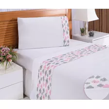 Jogo De Cama Lençol Solteiro 3 Peças Estampado Com Fronha Cor Branco Com Rosa Desenho Do Tecido Nuvem