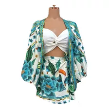 Conjunto Kimono + Shortsaia Estampa Flores Verão F A R Moda