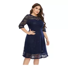 Vestido Fiesta Dama Elegante Encaje Cuello Redondo Plus Size