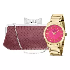 Relógio Feminino Champion Dourado Analógico + Bolsa Clutch Cor Do Fundo Rosa