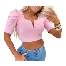 Blusa Cropped Moda Feminina Decote V Manga Princesa