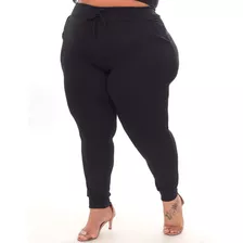 Calça Feminina Plus Size Jogger Crepe Cintura Alta Preta 