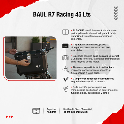 Baul Trasero Motocicleta R7 Racing Negro Plastico 45 Lts Foto 7