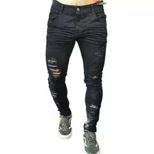 Calça Preta Super Skinny Jeans Destroyed Masculina Elastano