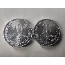 2 Monedas Chile 10 Centavos 1976-1977 Aluminio Casi U (x1388