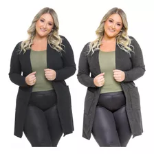 Kit 2 Cardigan Canelado Plus Size Alongado Com Bolso 0134