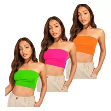 Kit 3 Tops Faixa Neon Com Bojo Verão Croppd Promoção 