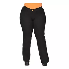 Calça Jeans Flare Plus Size Preta Cintura Alta Boca Larga