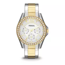 Reloj Pulsera Fossil Es2811 Riley Riley De Cuerpo Color Plata, Analógico, Para Mujer, Fondo Plata, Con Correa De Acero Inoxidable Color Plata Y Oro, Agujas Color Blanco Y Oro, Dial Oro, Subesferas Col