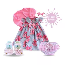 Kit 5 Peças Vestido Bebê Menina Batizado Luxo 100% Algodão