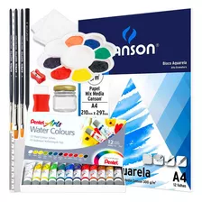 Mini Kit Aquarela Pintura 12 Tintas Pentel Papel Canson Mt