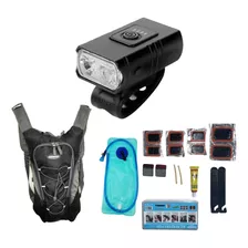 Kit Bicicleta Farol Led + Reparo Pneu + Mochila Hidratação 