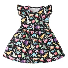 Vestido Infantil Para Menina, Fofo, Estampa De Dinossauro De