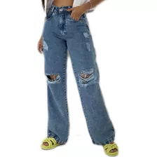 Calça Jeans Wide Leg Cinza Desfiada Barra Feita Cintura Alta