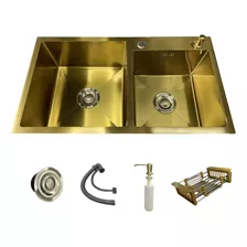 Cuba Dupla 78x43 Inox Dourado Quadrada Gourmet C/ Acessórios