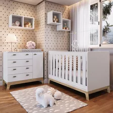 Quarto De Bebê 5 Peças Com Berço 3 Em 1 Cômoda E Nichos