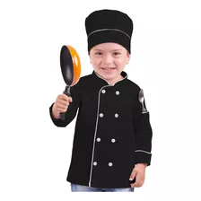 Dólmã Infantil Uniforme Chef De Cozinha Com Chapéu Preto