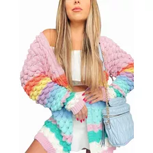 Maxi Cardigan Tricot Casaco Feminino Rainbow Colorido Candy