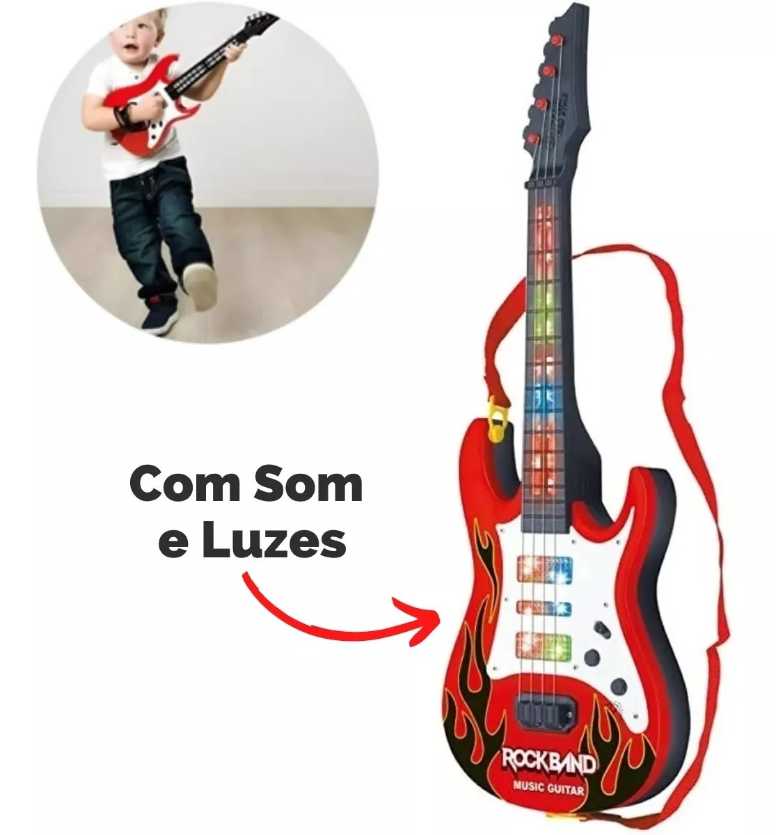 Guitarra Infantil Premium Led E Som Instrumento Criança Rock
