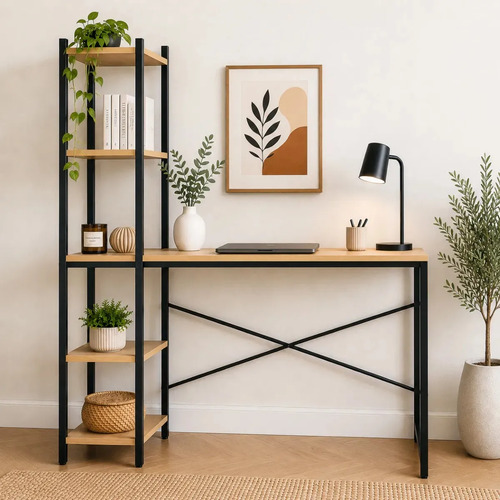 Mesa Escrivaninha Aço Industrial Com Estante Lateral 5 Prateleiras Mdf Home Office Escritório Decorativo Multiuso Preto/madeira