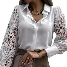 Camisa De Encaje Con Cuello En V Y Manga Larga Para Mujer