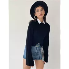 Blusa Tricot Suéter De Modal Pescoço Manga Babado Modelonovo