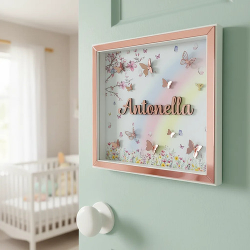 Quadro Com Vidro Borda Acrílico Porta Maternidade Borboleta Rose Gold Espelhado