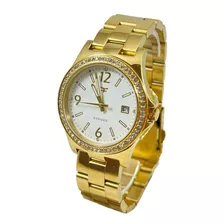 Reloj Kosiuko Mujer Dama Acero Dorado Fdo Bco Stras 813a-312