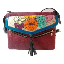 Bolso De Piel - Grabado Floral A Color Y Cierre Al Frente 