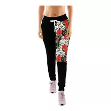 Calça Moletom Feminina Caveiras Rosas Vermelhas M47