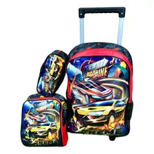 Kit Escolar Mochila Rodinha Lancheira Estojo Menino Carros