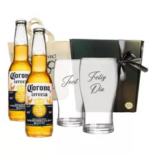 Box Corona Porrón 330 Ml 2un + 2 Vasos Pinta Grabadas 