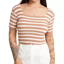 Cropped Tricot Modal Manga Curta Listrado Feminino Tendência