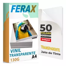 Adesivo Vinil Transparente 100%, Jato Tinta A4 - 50 Folhas