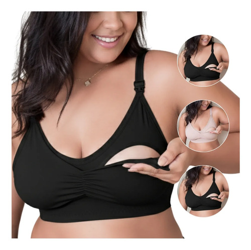 3 Sutiãs Amamentação Plus Size Gestante Alça Larga 48-54 2 Preto 1 Nude 50