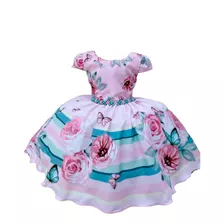 Vestido Infantil Rosa Flores Jardim Das Borboletas Pérolas