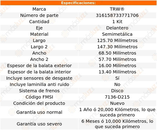 Balatas Semimetalicas Delanteras Buick Electra 85/90 Trw Foto 2