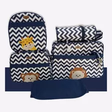 Kit Bolsa Maternidade Tema Safari Menino Azul Com Mochila