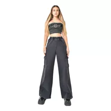 Jean Wide Leg Jogger Gris Oscuro Rigido De Mujer Tiro Alto