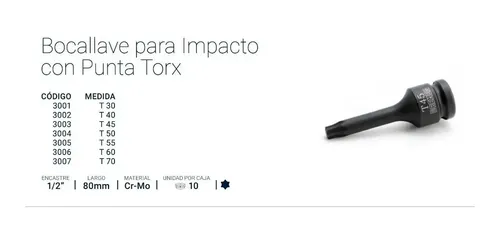 Llave Tubo Bremen Alto Impacto Torx T70 Enc 1/2 Largo 80mm Cod. 3007 Dgm Negro
