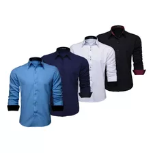 Kit 4 Camisas Masculinas Social Manga Longa Slim Fácil Passa