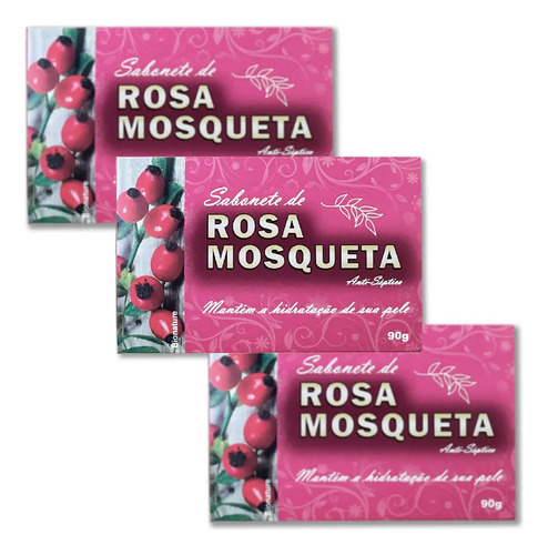 Kit 3 Sabonete Barra Bionature Rosa Mosqueta Vegano Limpeza Profunda 90g