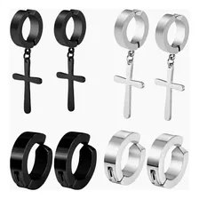 Brinco Masculino Pressão Argola Cruz Aço Inox Kit 4 Pares