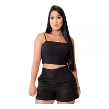 Conjunto 2 Peças Short E Cropped Em Linho Feminino Verão