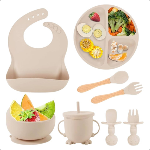 Kit Alimentar Bebê Prato Babador Copo Silicone Ventosa 8 Peç