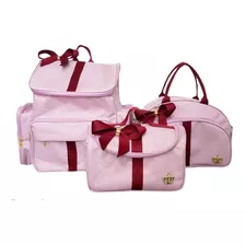 Kit Bolsa Maternidade Mochila Rosa /vinho 3 Bolsas Laço Luxo