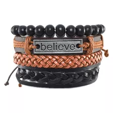 Pulsera Manilla Believe Cuero Hombre Mujer Brazalete Believe