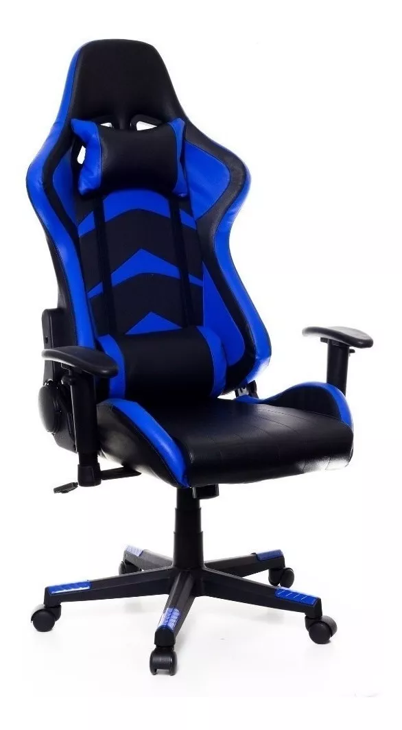 Cadeira De Escritório Prizi Kombat Gamer Ergonômica  Preta E Azul Com Estofado De Couro Sintético