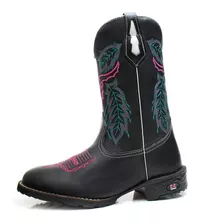 Bota Texana Feminina Rodeio Em Couro Preto Bordado Azul Rosa